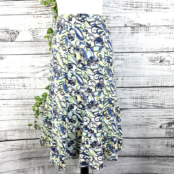 JM Collection Skirt 16 Petite Blue Green Yellow Floral Linen Calf Midi Hawaii - Picture 1 of 13